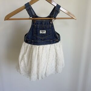 Vtg OSHKOSH Baby Girl 24 M Vestbak Denim Jean Overall Dress Tulle Gold Polka Dot